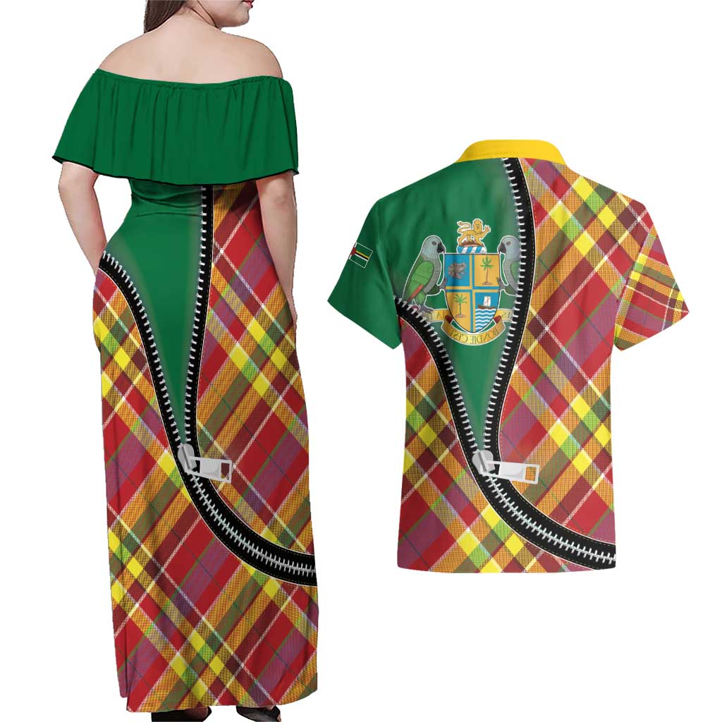 Dominica Creole Day Couples Matching Off Shoulder Maxi Dress and Hawaiian Shirt Madras Pattern Zipper Stylized - Wonder Print Shop