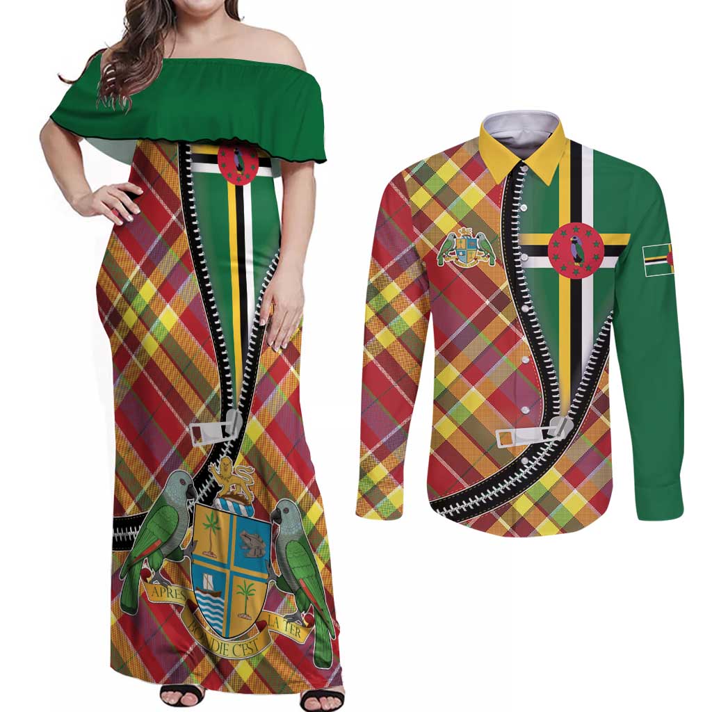 Dominica Creole Day Couples Matching Off Shoulder Maxi Dress and Long Sleeve Button Shirt Madras Pattern Zipper Stylized - Wonder Print Shop