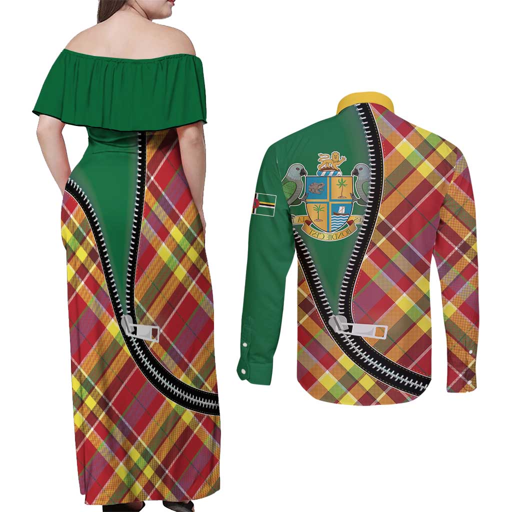 Dominica Creole Day Couples Matching Off Shoulder Maxi Dress and Long Sleeve Button Shirt Madras Pattern Zipper Stylized - Wonder Print Shop