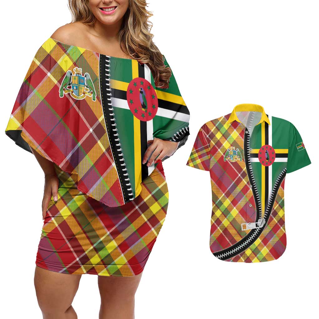 Dominica Creole Day Couples Matching Off Shoulder Short Dress and Hawaiian Shirt Madras Pattern Zipper Stylized - Wonder Print Shop