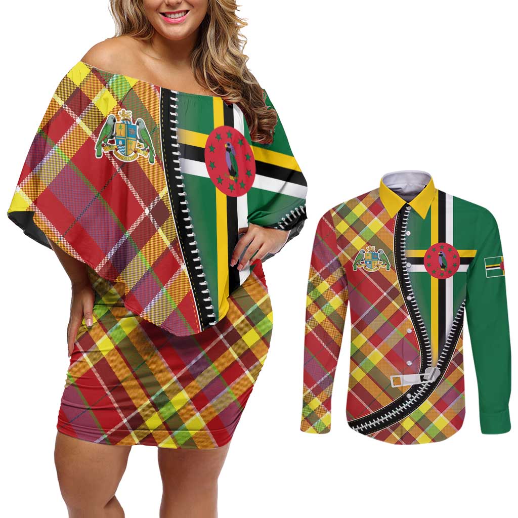 Dominica Creole Day Couples Matching Off Shoulder Short Dress and Long Sleeve Button Shirt Madras Pattern Zipper Stylized - Wonder Print Shop