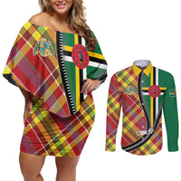 Dominica Creole Day Couples Matching Off Shoulder Short Dress and Long Sleeve Button Shirt Madras Pattern Zipper Stylized - Wonder Print Shop