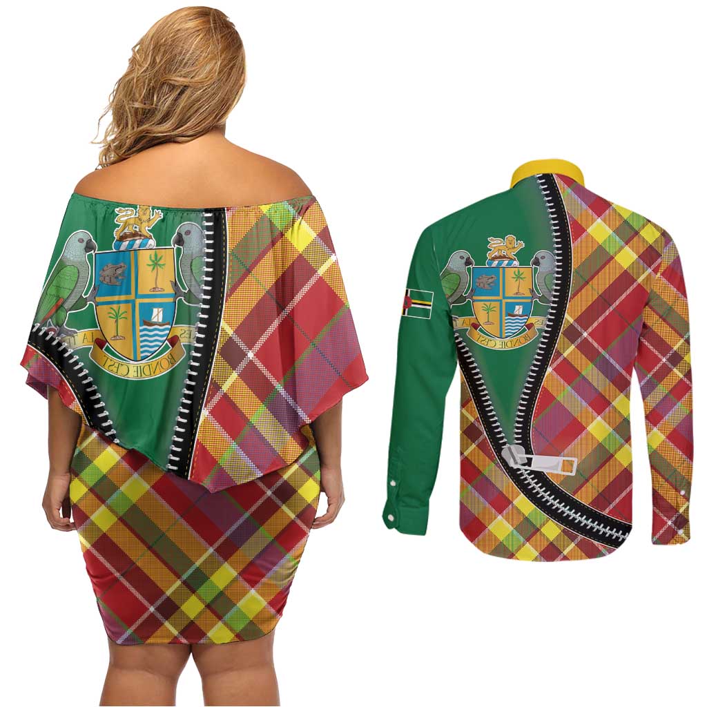 Dominica Creole Day Couples Matching Off Shoulder Short Dress and Long Sleeve Button Shirt Madras Pattern Zipper Stylized - Wonder Print Shop