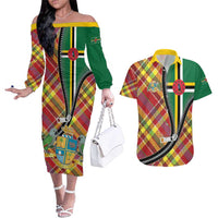 Dominica Creole Day Couples Matching Off The Shoulder Long Sleeve Dress and Hawaiian Shirt Madras Pattern Zipper Stylized - Wonder Print Shop