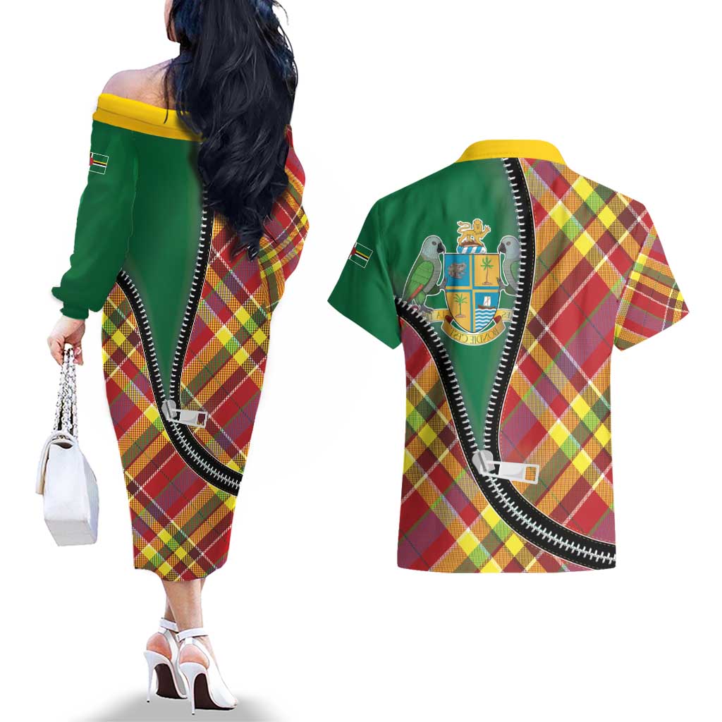 Dominica Creole Day Couples Matching Off The Shoulder Long Sleeve Dress and Hawaiian Shirt Madras Pattern Zipper Stylized - Wonder Print Shop