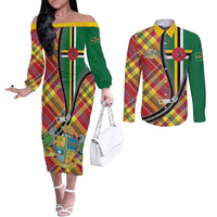 Dominica Creole Day Couples Matching Off The Shoulder Long Sleeve Dress and Long Sleeve Button Shirt Madras Pattern Zipper Stylized - Wonder Print Shop
