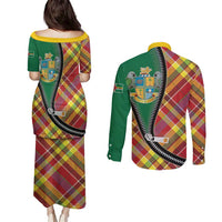 Dominica Creole Day Couples Matching Puletasi and Long Sleeve Button Shirt Madras Pattern Zipper Stylized - Wonder Print Shop