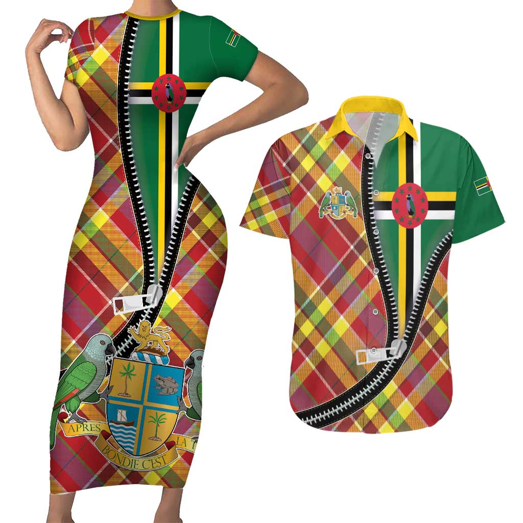 Dominica Creole Day Couples Matching Short Sleeve Bodycon Dress and Hawaiian Shirt Madras Pattern Zipper Stylized - Wonder Print Shop
