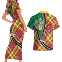 Dominica Creole Day Couples Matching Short Sleeve Bodycon Dress and Hawaiian Shirt Madras Pattern Zipper Stylized - Wonder Print Shop