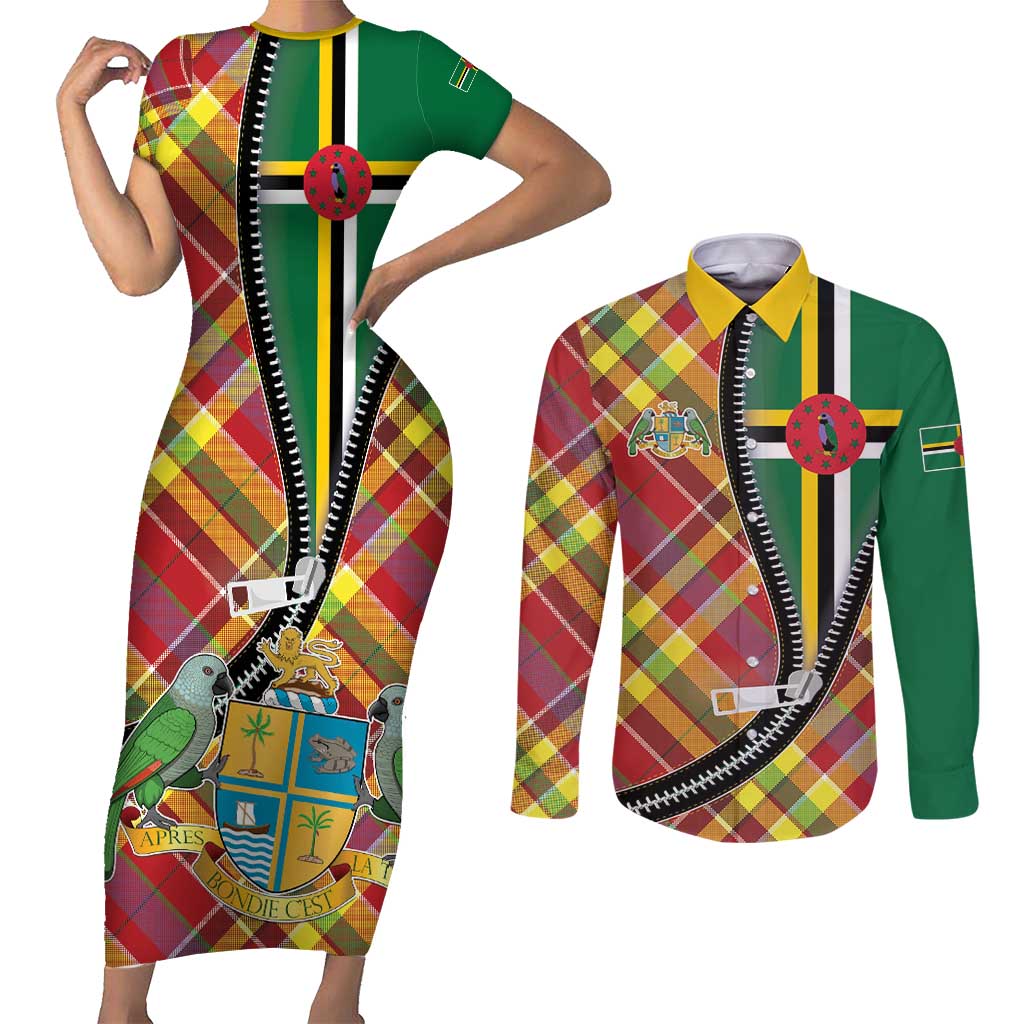 Dominica Creole Day Couples Matching Short Sleeve Bodycon Dress and Long Sleeve Button Shirt Madras Pattern Zipper Stylized - Wonder Print Shop