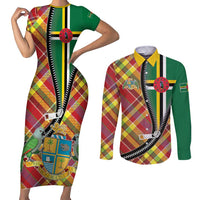 Dominica Creole Day Couples Matching Short Sleeve Bodycon Dress and Long Sleeve Button Shirt Madras Pattern Zipper Stylized - Wonder Print Shop