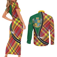 Dominica Creole Day Couples Matching Short Sleeve Bodycon Dress and Long Sleeve Button Shirt Madras Pattern Zipper Stylized - Wonder Print Shop