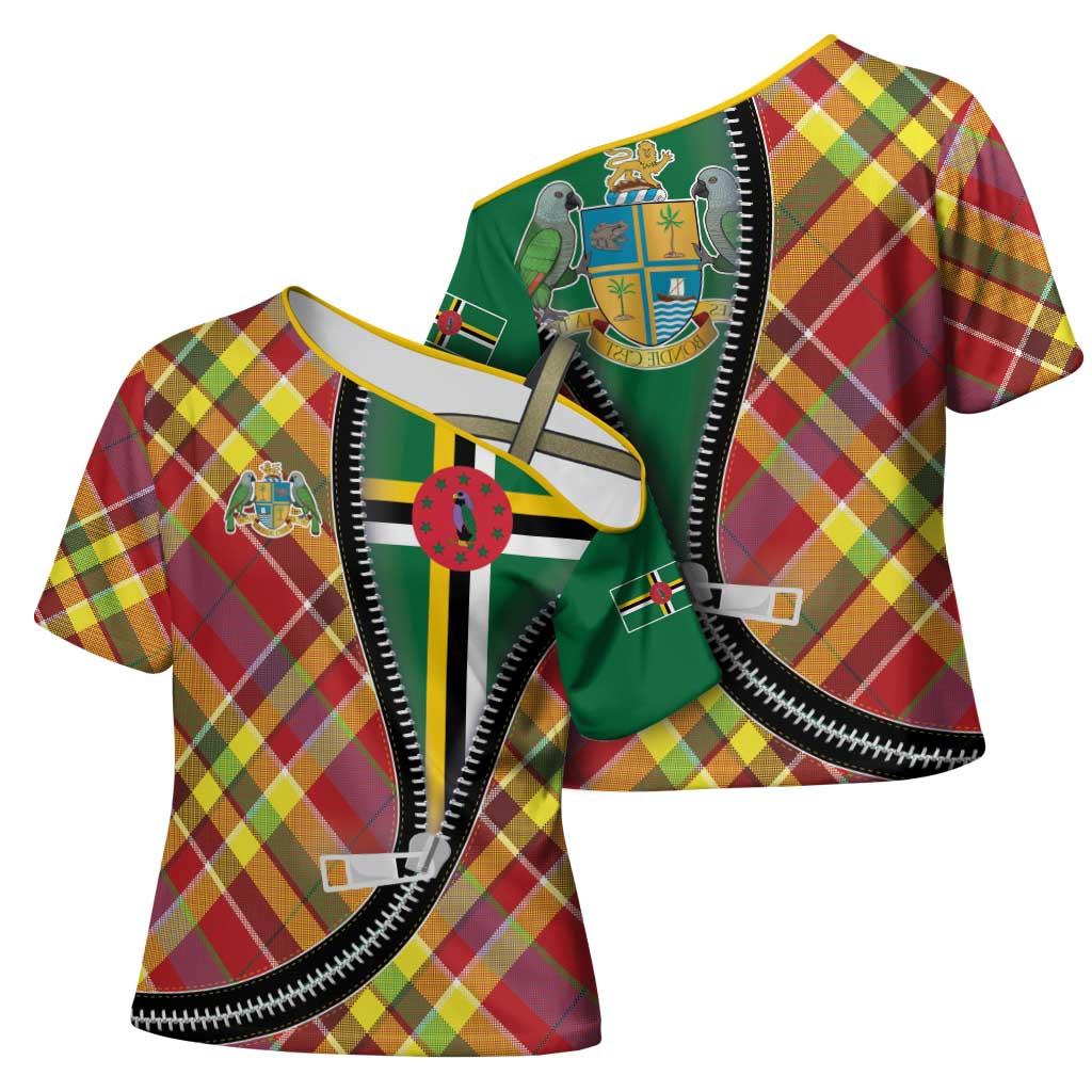 Dominica Creole Day Cross Shoulder Shirt Madras Pattern Zipper Stylized - Wonder Print Shop