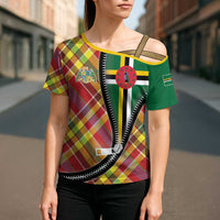 Dominica Creole Day Cross Shoulder Shirt Madras Pattern Zipper Stylized - Wonder Print Shop