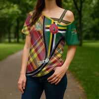 Dominica Creole Day Cross Shoulder Shirt Madras Pattern Zipper Stylized - Wonder Print Shop