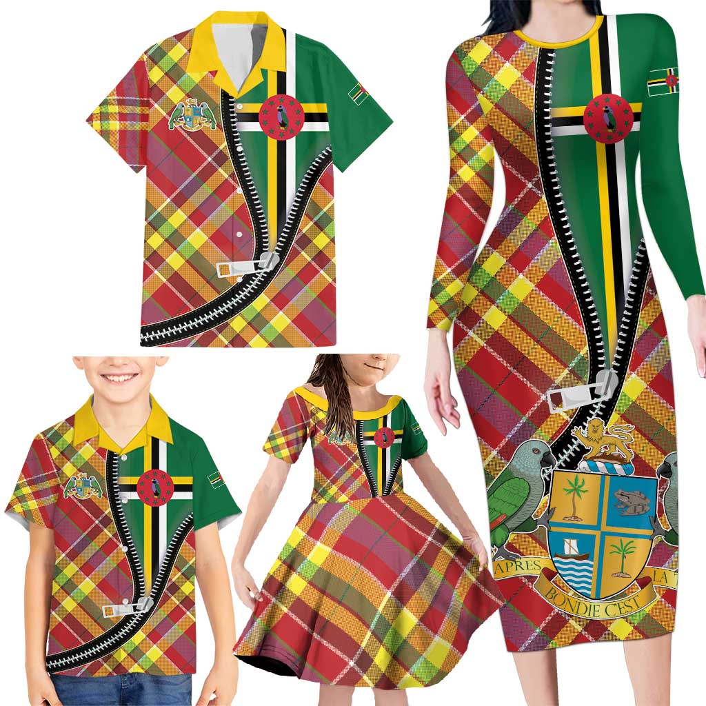 Dominica Creole Day Family Matching Long Sleeve Bodycon Dress and Hawaiian Shirt Madras Pattern Zipper Stylized - Wonder Print Shop