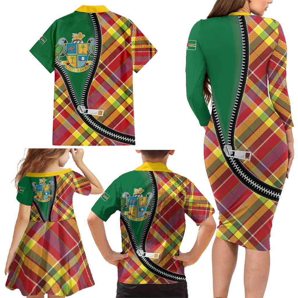 Dominica Creole Day Family Matching Long Sleeve Bodycon Dress and Hawaiian Shirt Madras Pattern Zipper Stylized - Wonder Print Shop