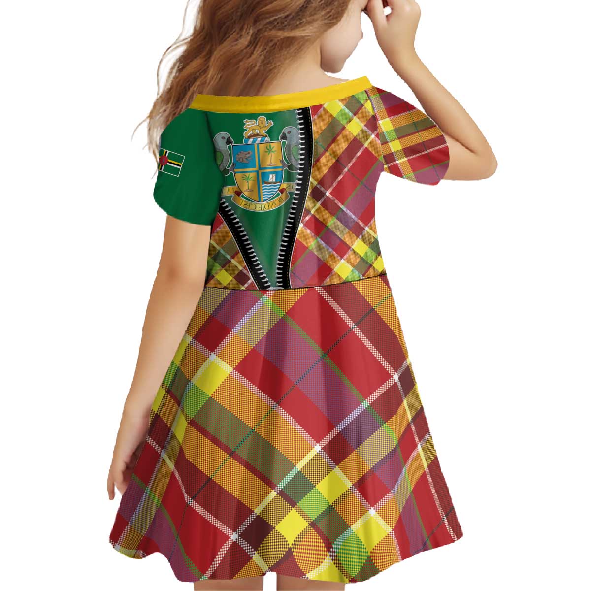 Dominica Creole Day Family Matching Off The Shoulder Long Sleeve Dress and Hawaiian Shirt Madras Pattern Zipper Stylized - Wonder Print Shop