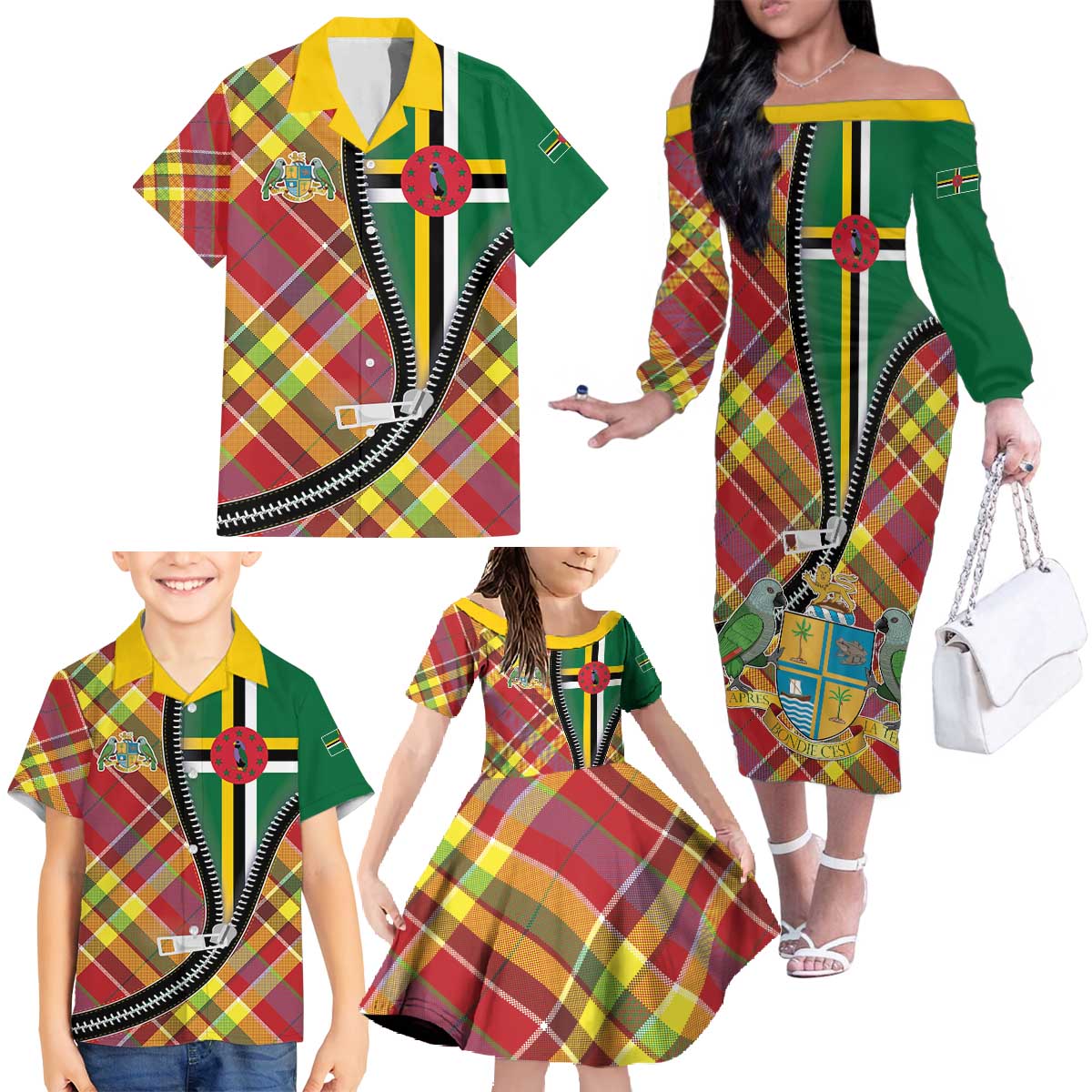 Dominica Creole Day Family Matching Off The Shoulder Long Sleeve Dress and Hawaiian Shirt Madras Pattern Zipper Stylized - Wonder Print Shop