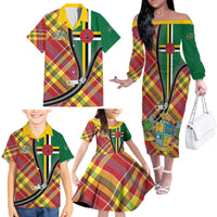 Dominica Creole Day Family Matching Off The Shoulder Long Sleeve Dress and Hawaiian Shirt Madras Pattern Zipper Stylized - Wonder Print Shop
