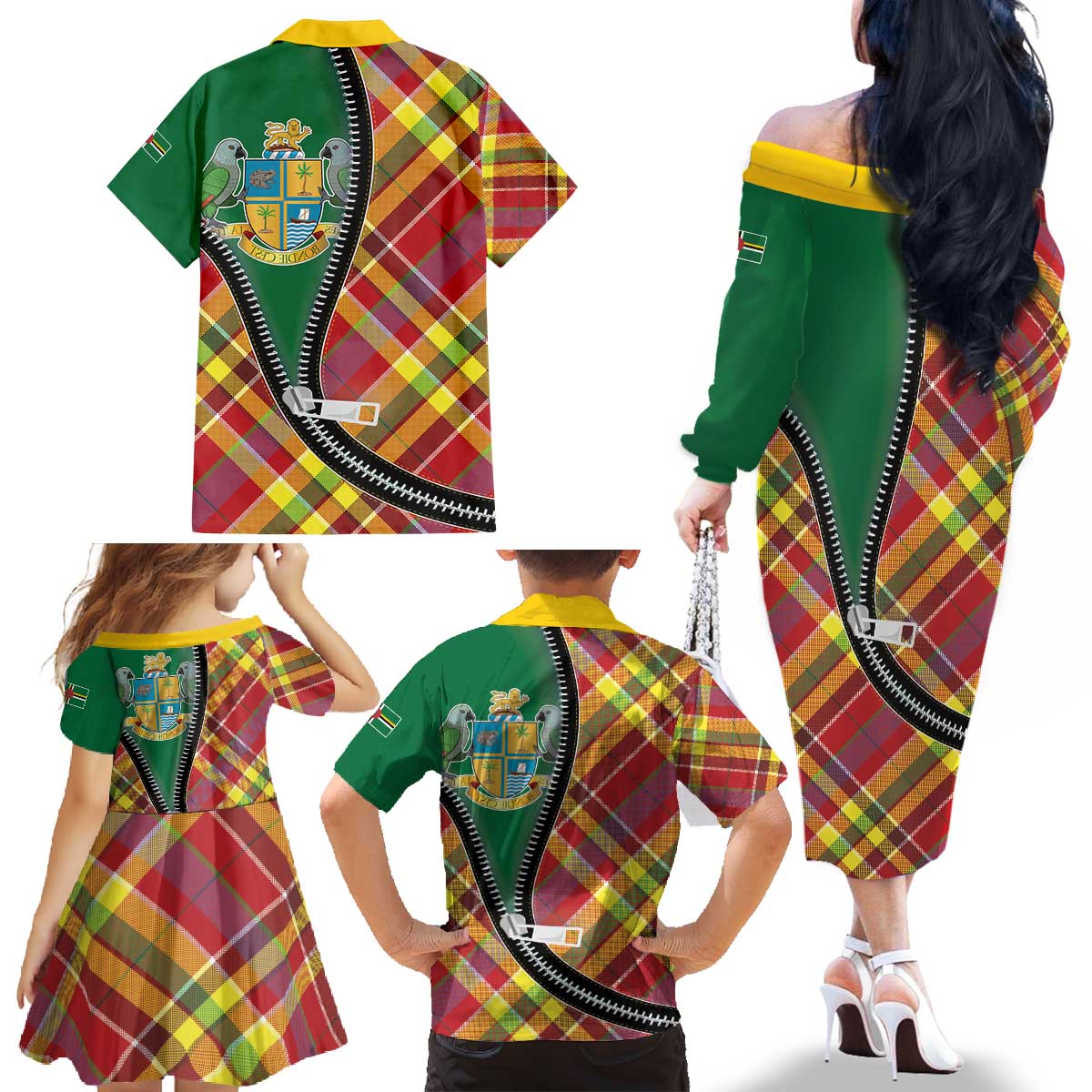 Dominica Creole Day Family Matching Off The Shoulder Long Sleeve Dress and Hawaiian Shirt Madras Pattern Zipper Stylized - Wonder Print Shop