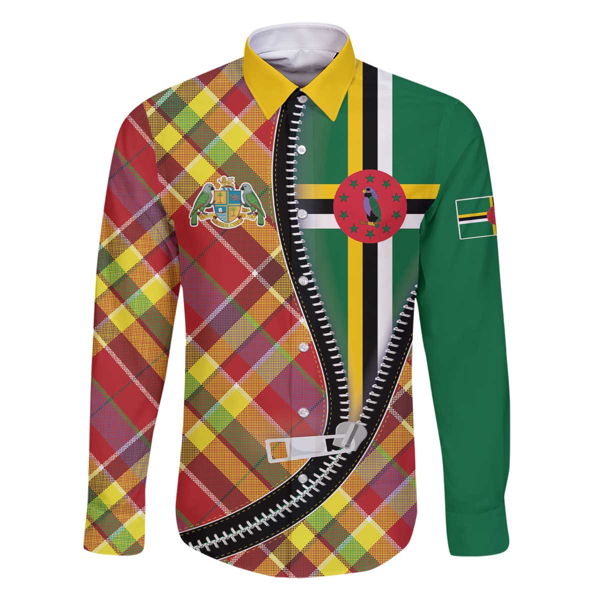 Dominica Creole Day Family Matching Off The Shoulder Long Sleeve Dress and Hawaiian Shirt Madras Pattern Zipper Stylized - Wonder Print Shop