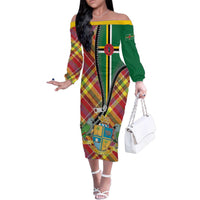 Dominica Creole Day Family Matching Off The Shoulder Long Sleeve Dress and Hawaiian Shirt Madras Pattern Zipper Stylized - Wonder Print Shop