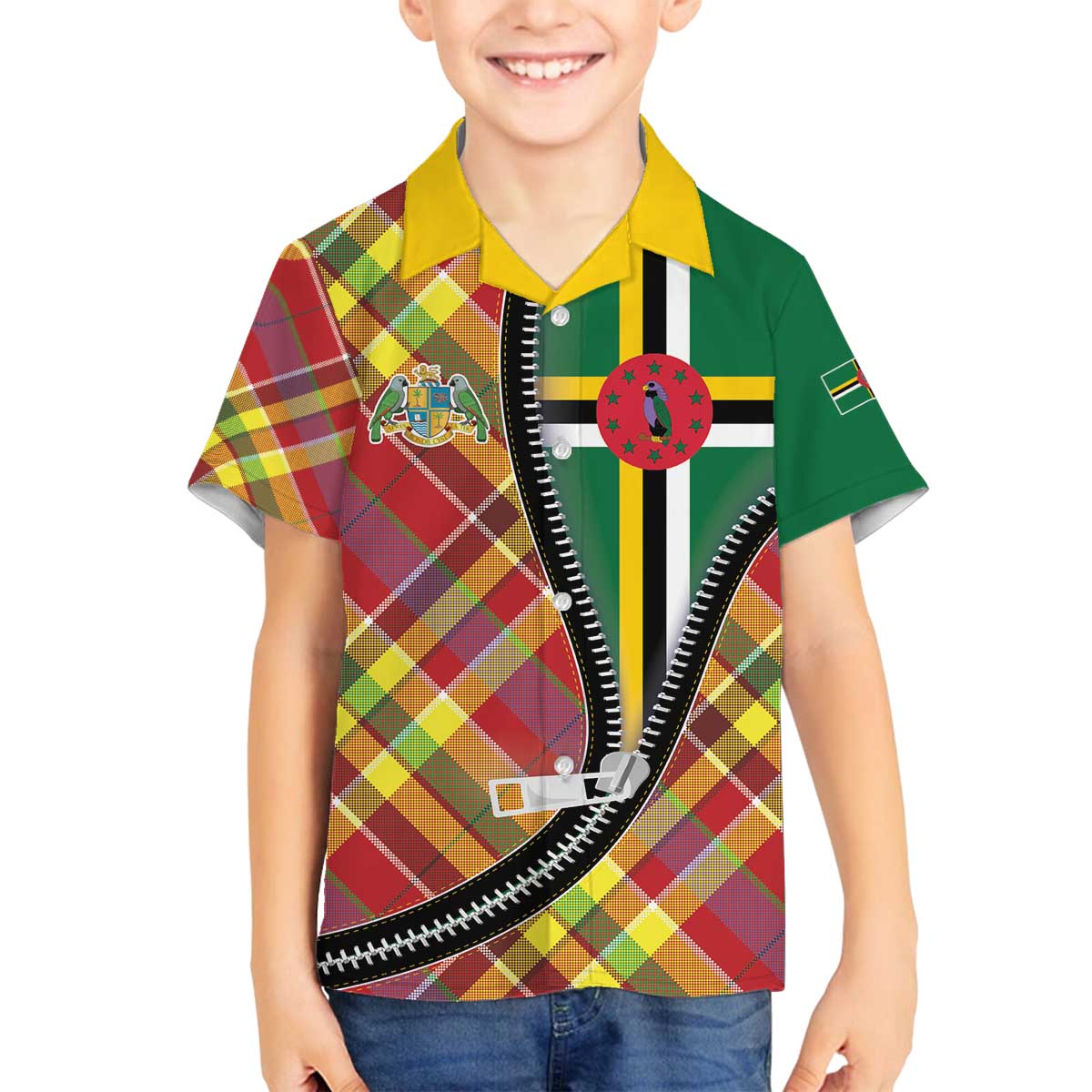 Dominica Creole Day Family Matching Off The Shoulder Long Sleeve Dress and Hawaiian Shirt Madras Pattern Zipper Stylized - Wonder Print Shop