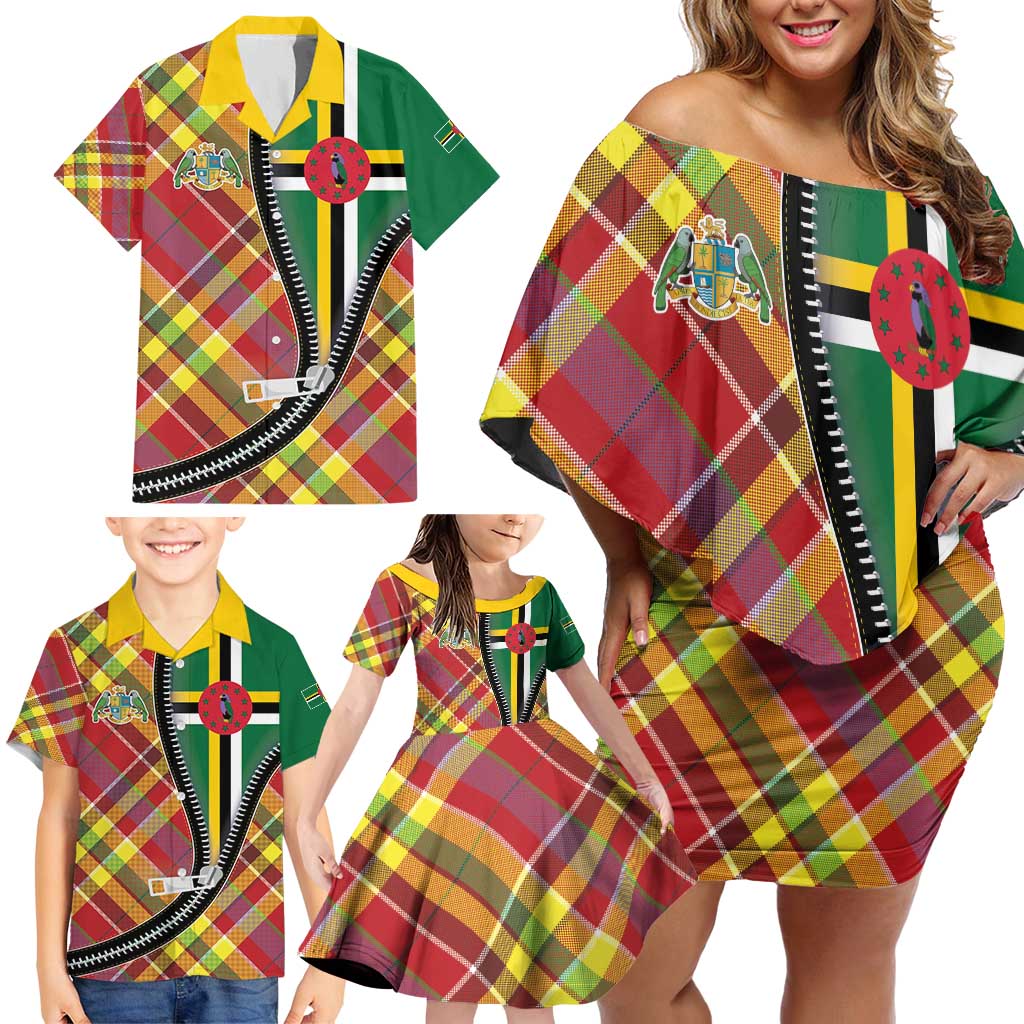 Dominica Creole Day Family Matching Off Shoulder Short Dress and Hawaiian Shirt Madras Pattern Zipper Stylized - Wonder Print Shop