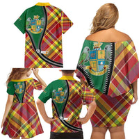 Dominica Creole Day Family Matching Off Shoulder Short Dress and Hawaiian Shirt Madras Pattern Zipper Stylized - Wonder Print Shop