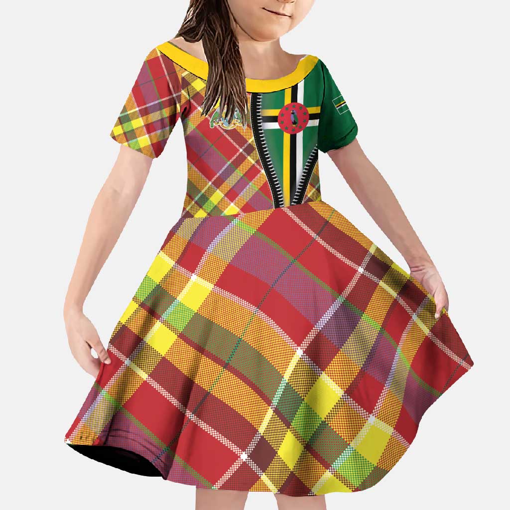 Dominica Creole Day Family Matching Short Sleeve Bodycon Dress and Hawaiian Shirt Madras Pattern Zipper Stylized - Wonder Print Shop