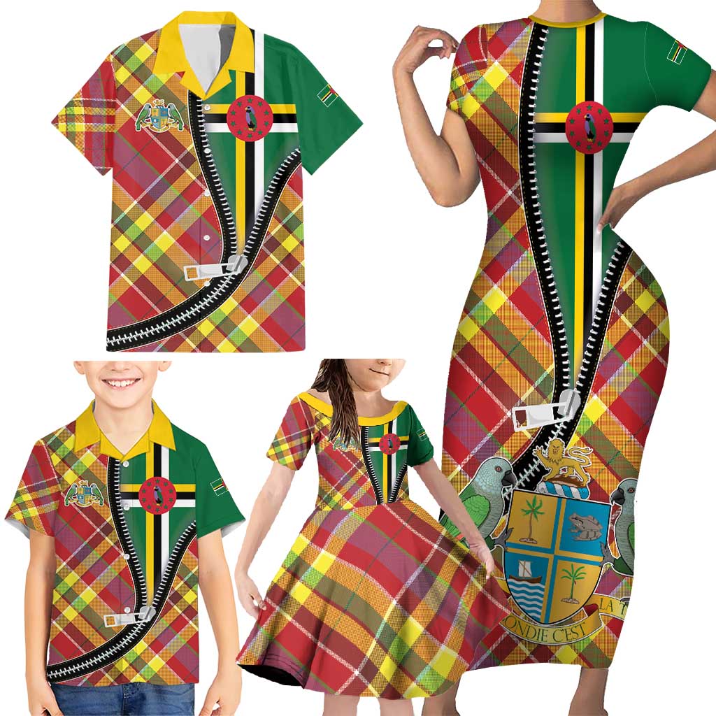 Dominica Creole Day Family Matching Short Sleeve Bodycon Dress and Hawaiian Shirt Madras Pattern Zipper Stylized - Wonder Print Shop