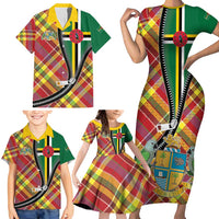 Dominica Creole Day Family Matching Short Sleeve Bodycon Dress and Hawaiian Shirt Madras Pattern Zipper Stylized - Wonder Print Shop