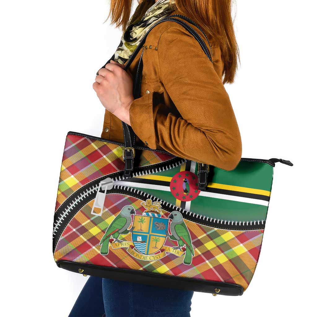 Dominica Creole Day Leather Tote Bag Madras Pattern Zipper Stylized - Wonder Print Shop