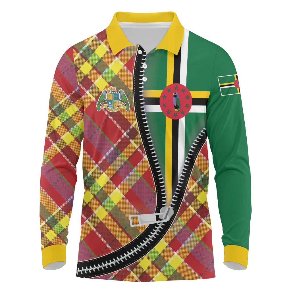 Dominica Creole Day Long Sleeve Polo Shirt Madras Pattern Zipper Stylized - Wonder Print Shop