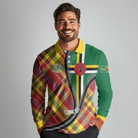 Dominica Creole Day Long Sleeve Polo Shirt Madras Pattern Zipper Stylized - Wonder Print Shop
