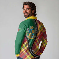 Dominica Creole Day Long Sleeve Polo Shirt Madras Pattern Zipper Stylized - Wonder Print Shop