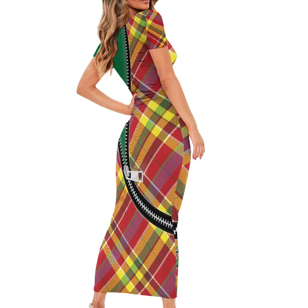 Dominica Creole Day Short Sleeve Bodycon Dress Madras Pattern Zipper Stylized - Wonder Print Shop