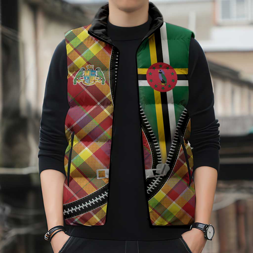 Dominica Creole Day Sleeveless Puffer Jacket Madras Pattern Zipper Stylized - Wonder Print Shop