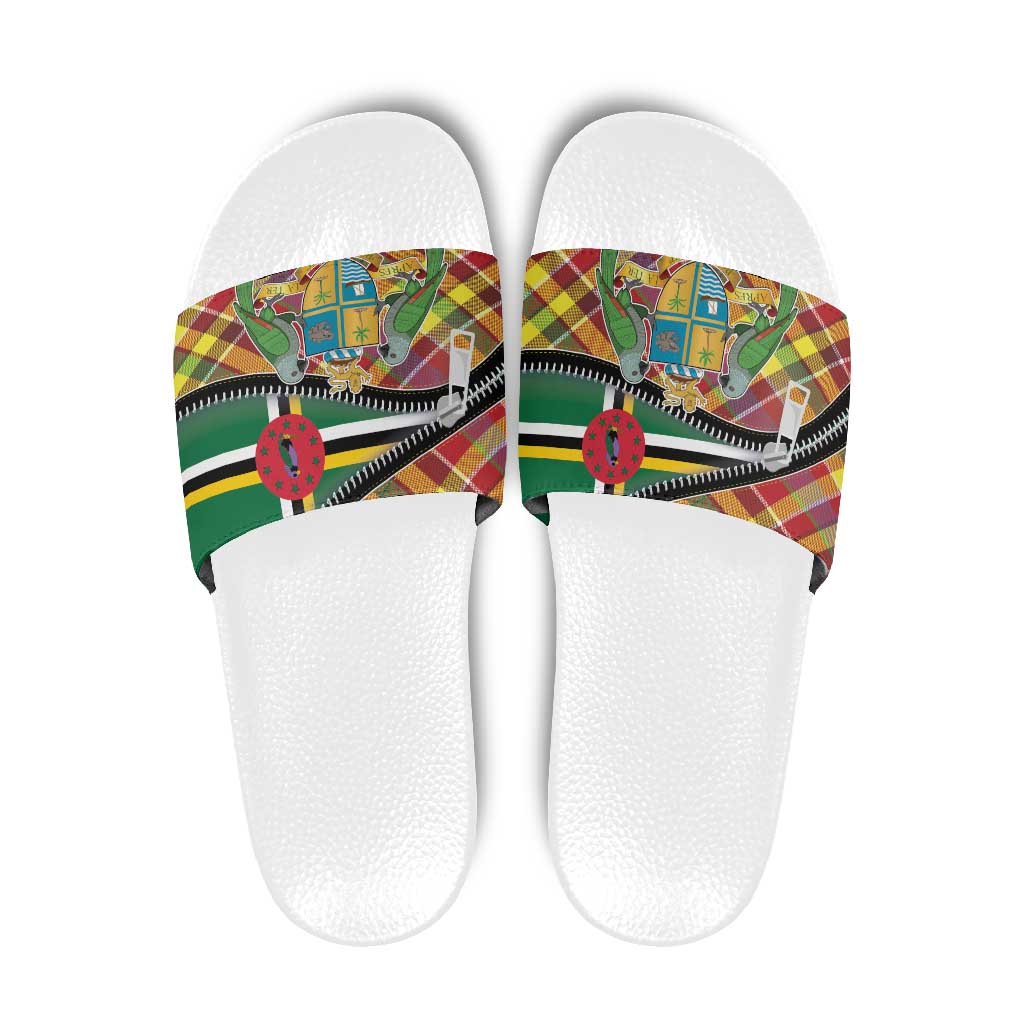 Dominica Creole Day Slide Sandals Madras Pattern Zipper Stylized - Wonder Print Shop