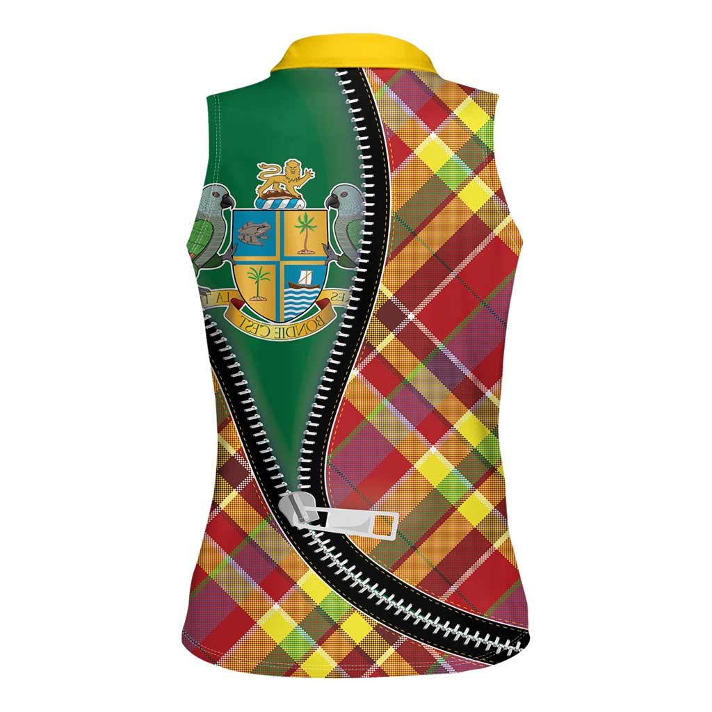 Dominica Creole Day Women Sleeveless Polo Shirt Madras Pattern Zipper Stylized - Wonder Print Shop