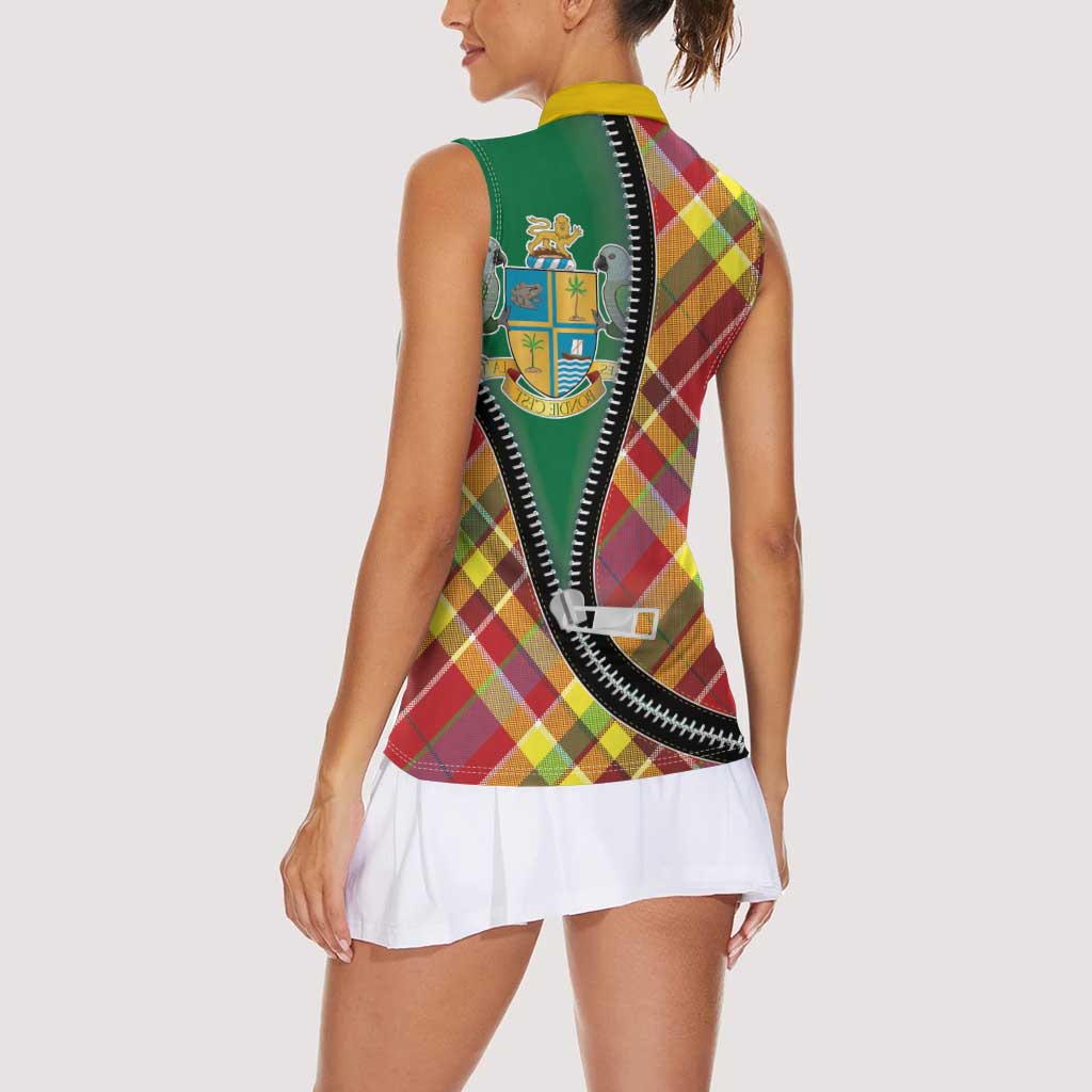 Dominica Creole Day Women Sleeveless Polo Shirt Madras Pattern Zipper Stylized - Wonder Print Shop