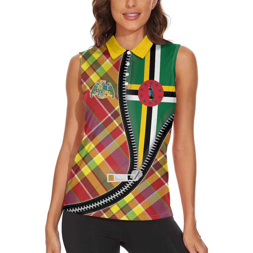 Dominica Creole Day Women Sleeveless Polo Shirt Madras Pattern Zipper Stylized - Wonder Print Shop