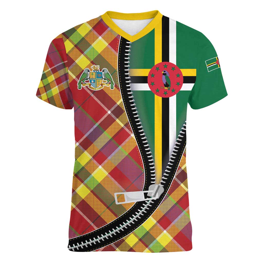 Dominica Creole Day Women V-Neck T-Shirt Madras Pattern Zipper Stylized - Wonder Print Shop