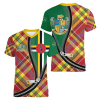 Dominica Creole Day Women V-Neck T-Shirt Madras Pattern Zipper Stylized - Wonder Print Shop