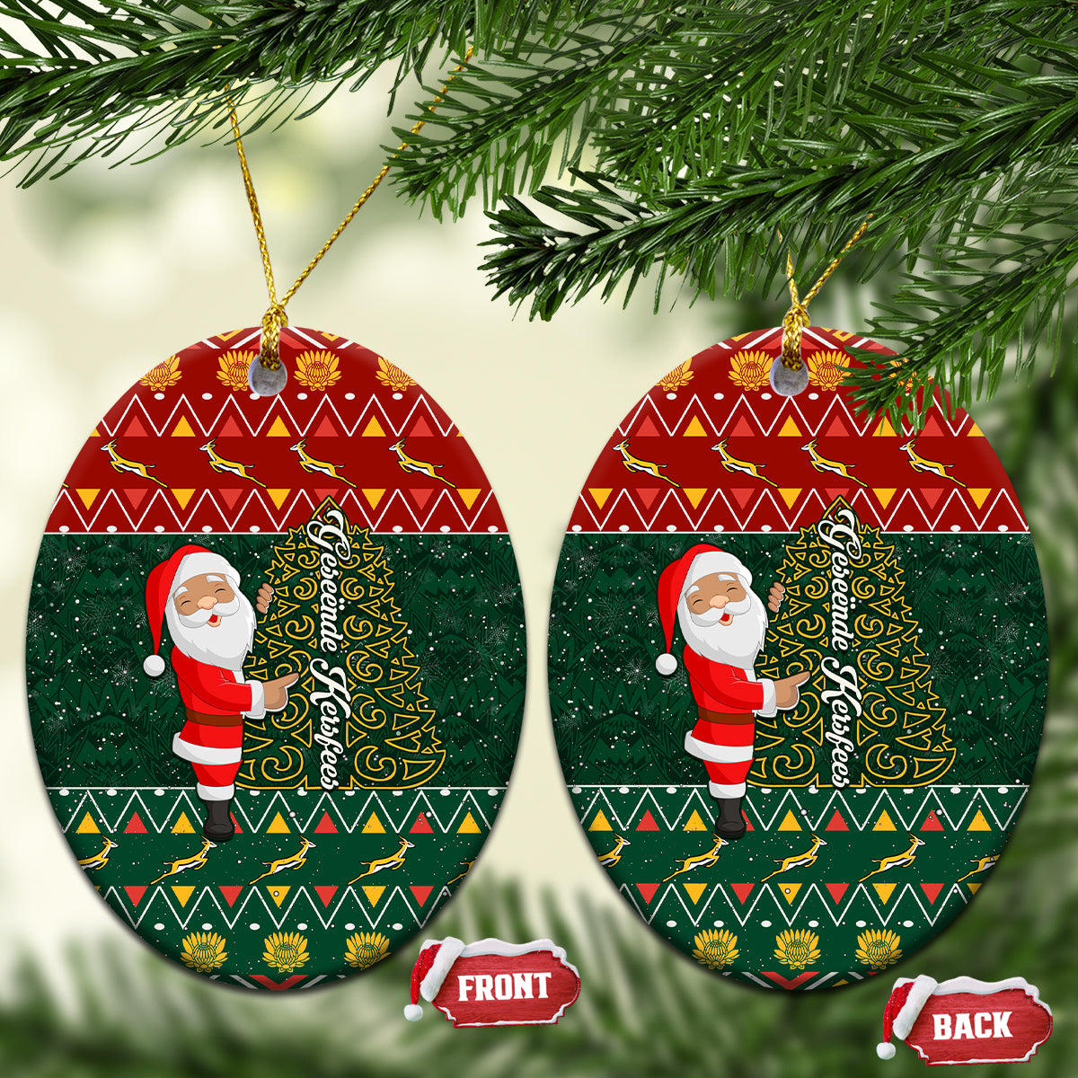 South Africa Christmas Ceramic Ornament Geseende Kersfees Santa Claus African Pattern - Wonder Print Shop