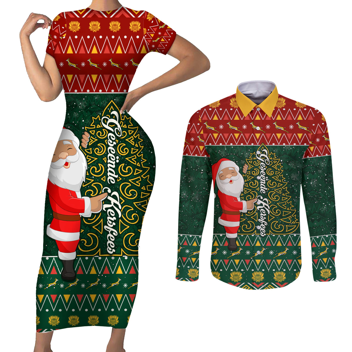 Custom South Africa Christmas Couples Matching Short Sleeve Bodycon Dress and Long Sleeve Button Shirt Geseende Kersfees Santa Claus African Pattern - Wonder Print Shop