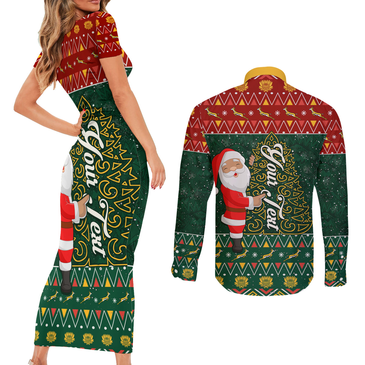 Custom South Africa Christmas Couples Matching Short Sleeve Bodycon Dress and Long Sleeve Button Shirt Geseende Kersfees Santa Claus African Pattern - Wonder Print Shop