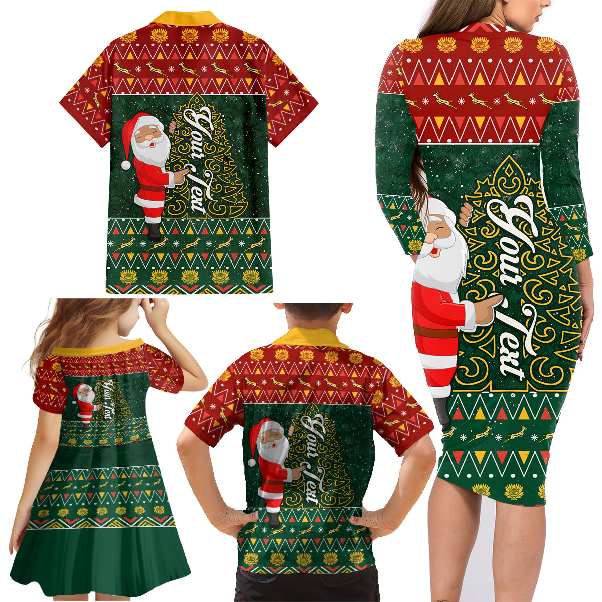Custom South Africa Christmas Family Matching Long Sleeve Bodycon Dress and Hawaiian Shirt Geseende Kersfees Santa Claus African Pattern - Wonder Print Shop
