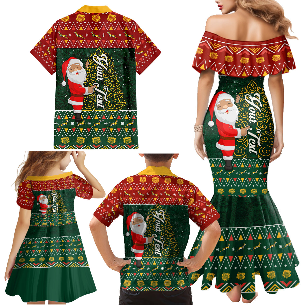 Custom South Africa Christmas Family Matching Mermaid Dress and Hawaiian Shirt Geseende Kersfees Santa Claus African Pattern - Wonder Print Shop